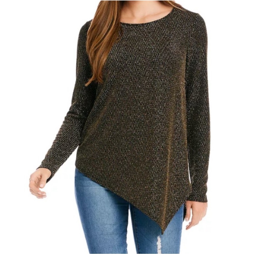 Asymmetric Hem Metallic Gold Longsleeve Tunic Top | Karen Kane | 2X